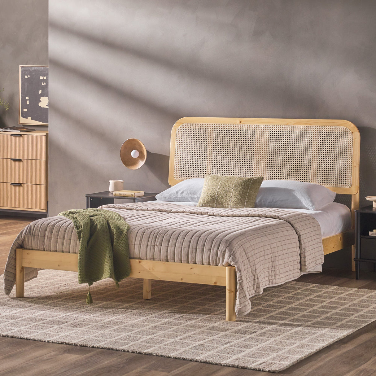 Neru Boho Curved Rattan-Headboard Bed Collection (Queen or King)-Bedroom-Parc Decor