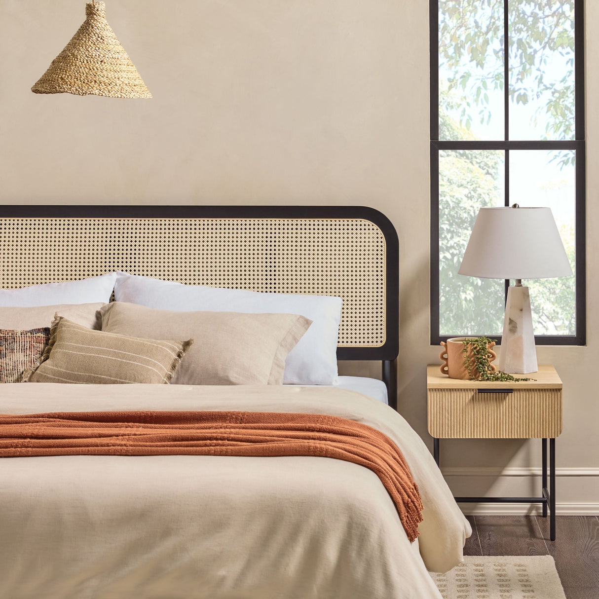 Neru Boho Curved Rattan-Headboard Bed Collection (Queen or King)-Bedroom-Parc Decor