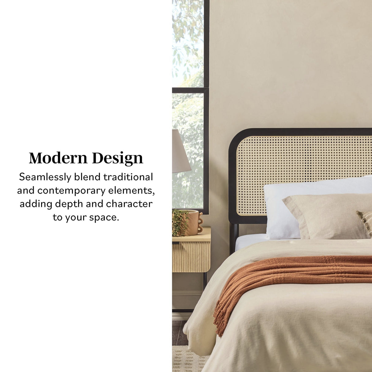 Neru Boho Curved Rattan-Headboard Bed Collection (Queen or King)-Bedroom-Parc Decor