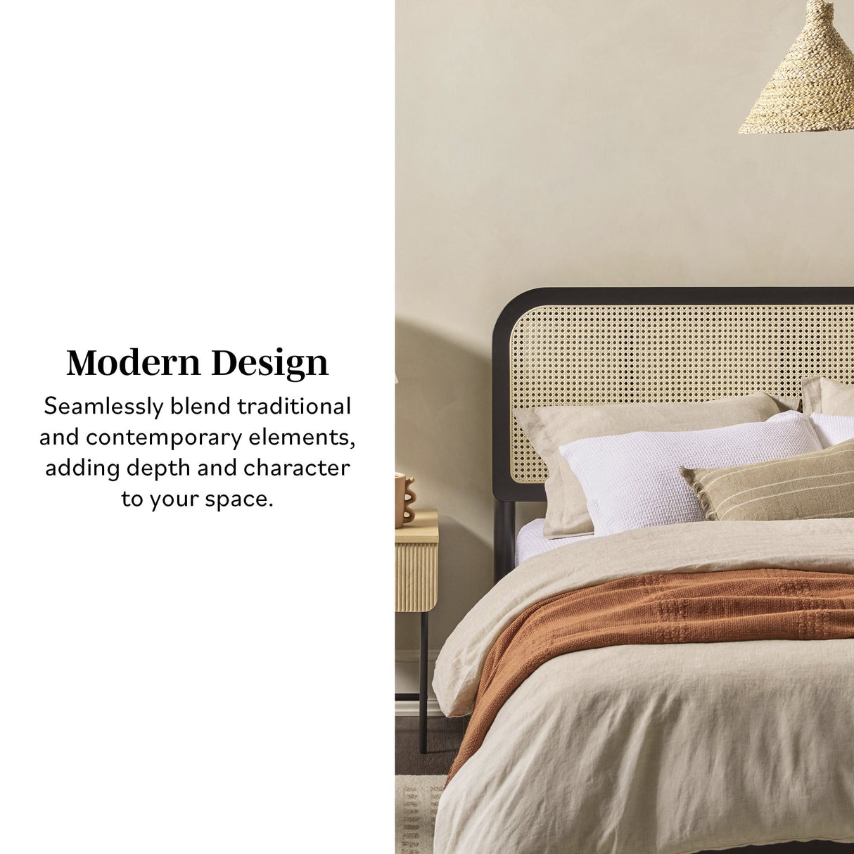 Neru Boho Curved Rattan-Headboard Bed Collection (Queen or King)-Bedroom-Parc Decor