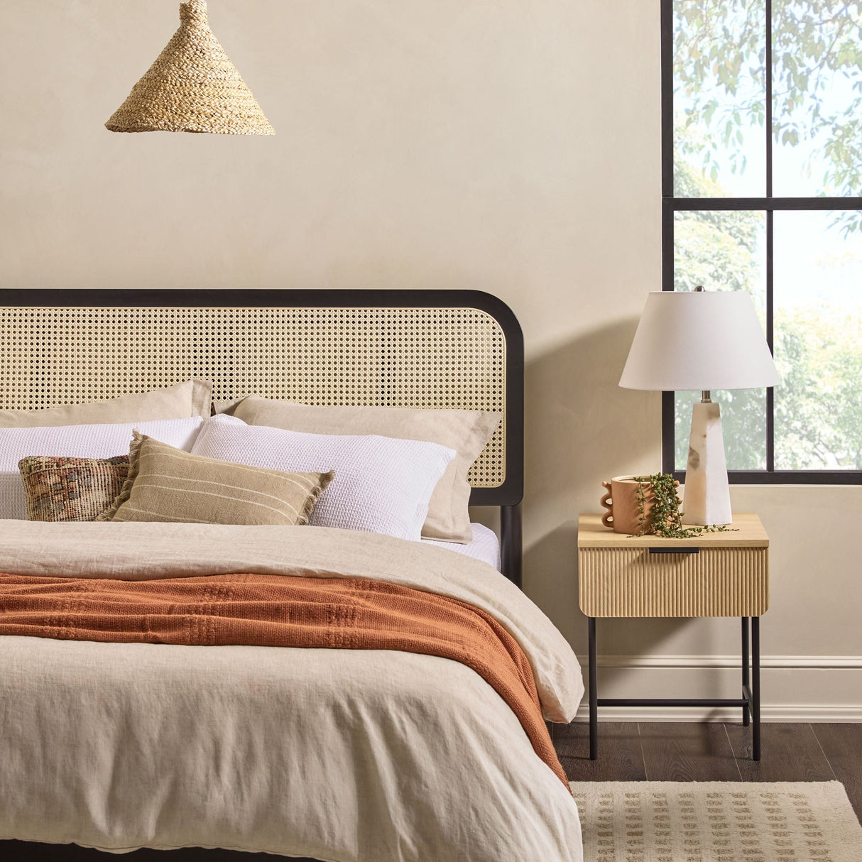 Neru Boho Curved Rattan-Headboard Bed Collection (Queen or King)-Bedroom-Parc Decor