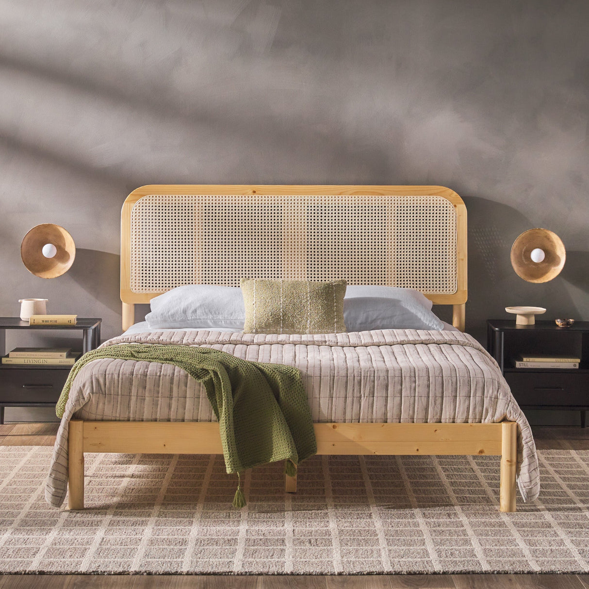 Neru Boho Curved Rattan-Headboard Bed Collection (Queen or King)-Bedroom-Parc Decor