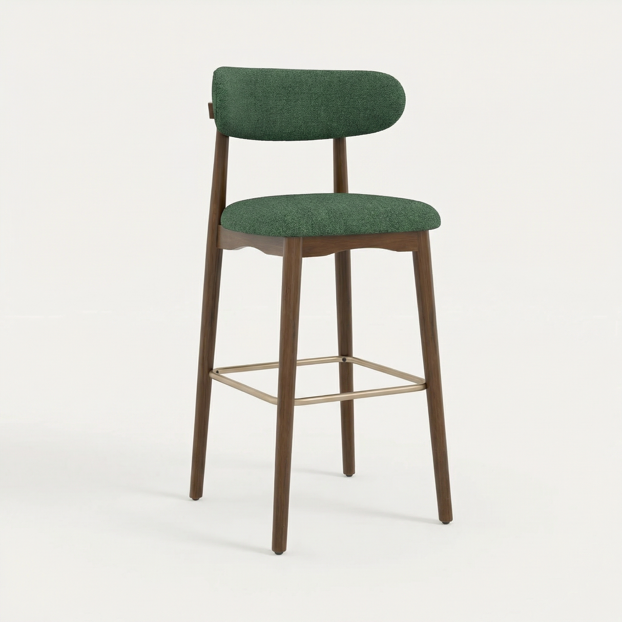 Norden Bar Stool, Forest green upholstered seat and back, dark wood frame, and brass footrest.
