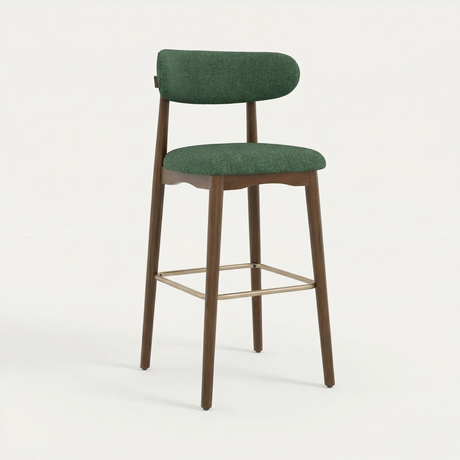 Norden Bar Stool, Forest green upholstered seat and back, dark wood frame, and brass footrest.