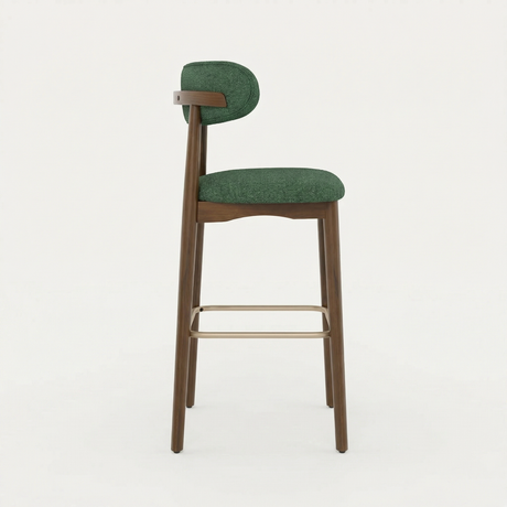 Norden Bar Stool with dark wood frame, green upholstered seat and back, and a brass footrest.