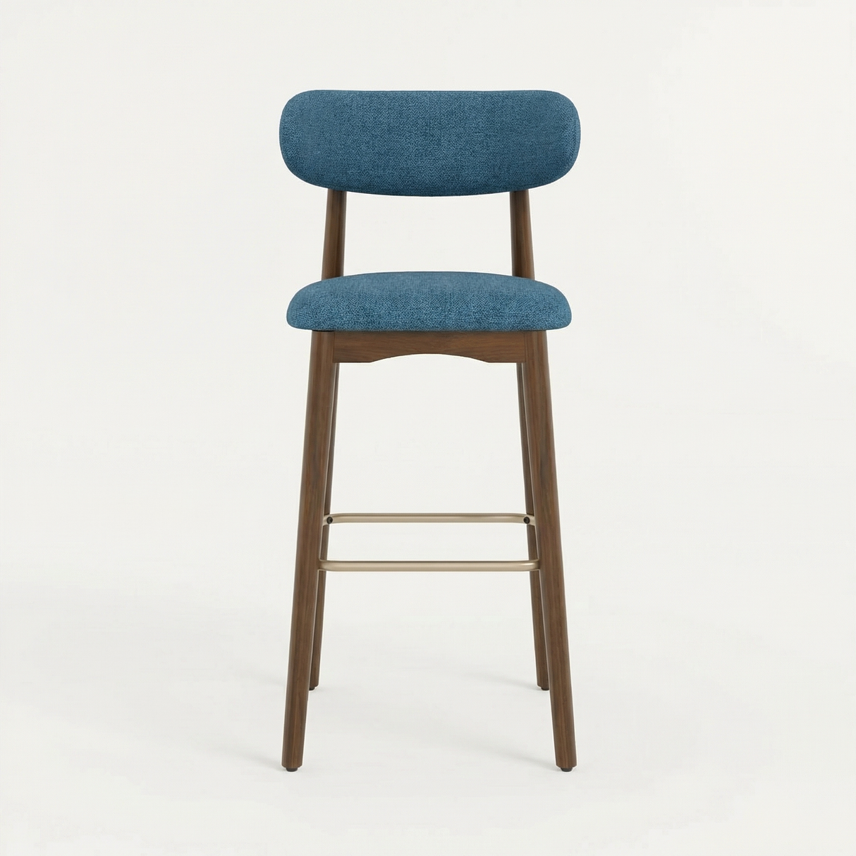 Norden Bar Stool with blue upholstered seat and back, dark wood frame, and brass footrest.