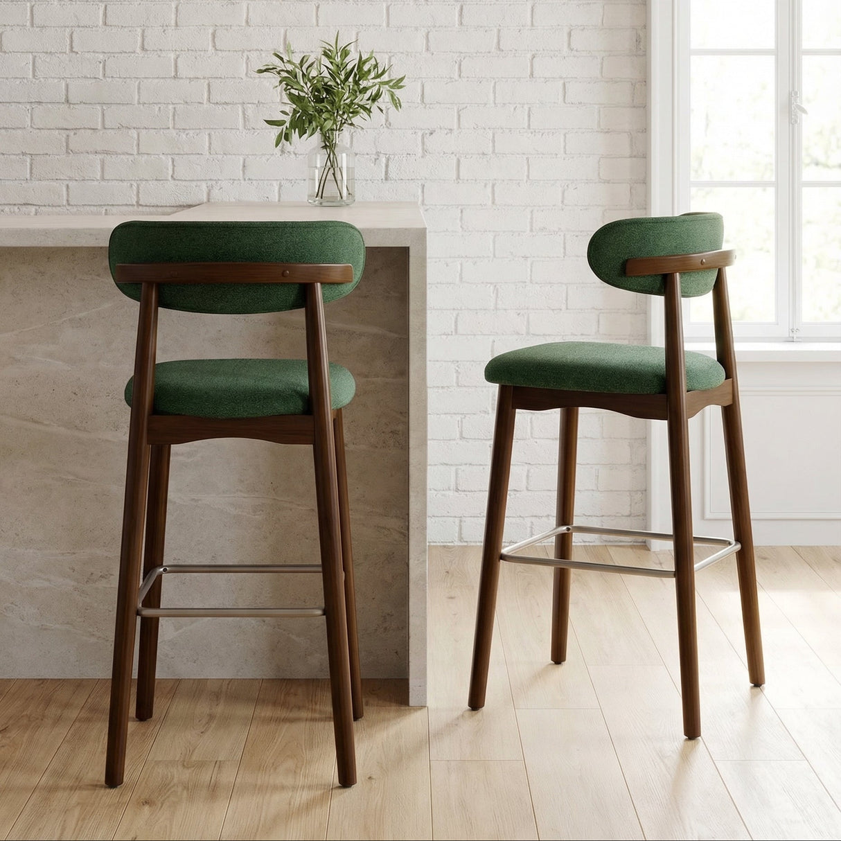 Norden Bar Stool, two mid-century modern dark wood bar stools with green upholstered seats and backs.