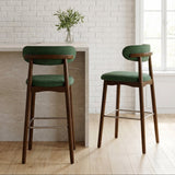 Norden Bar Stool, two mid-century modern dark wood bar stools with green upholstered seats and backs.