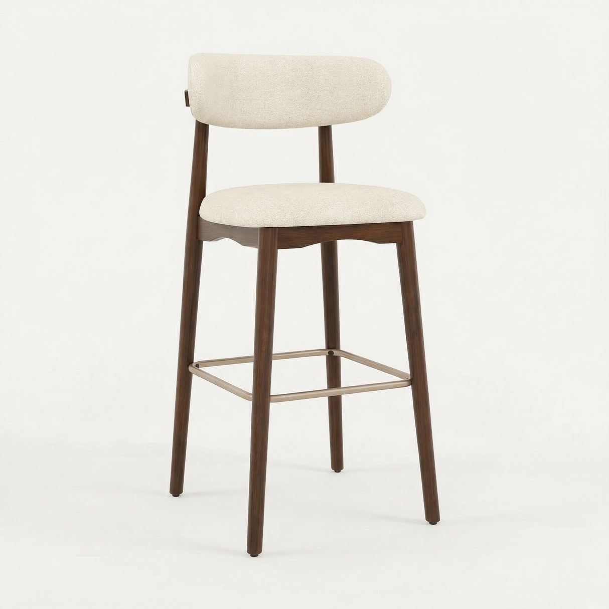 Norden Bar Stool in Ivory with dark wood frame and upholstered seat and back.
