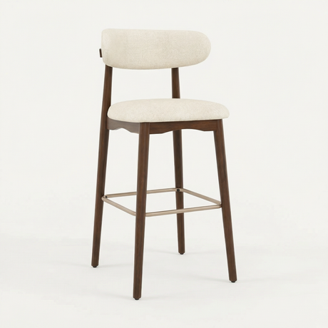 Norden Bar Stool in Ivory with dark wood frame and upholstered seat and back.