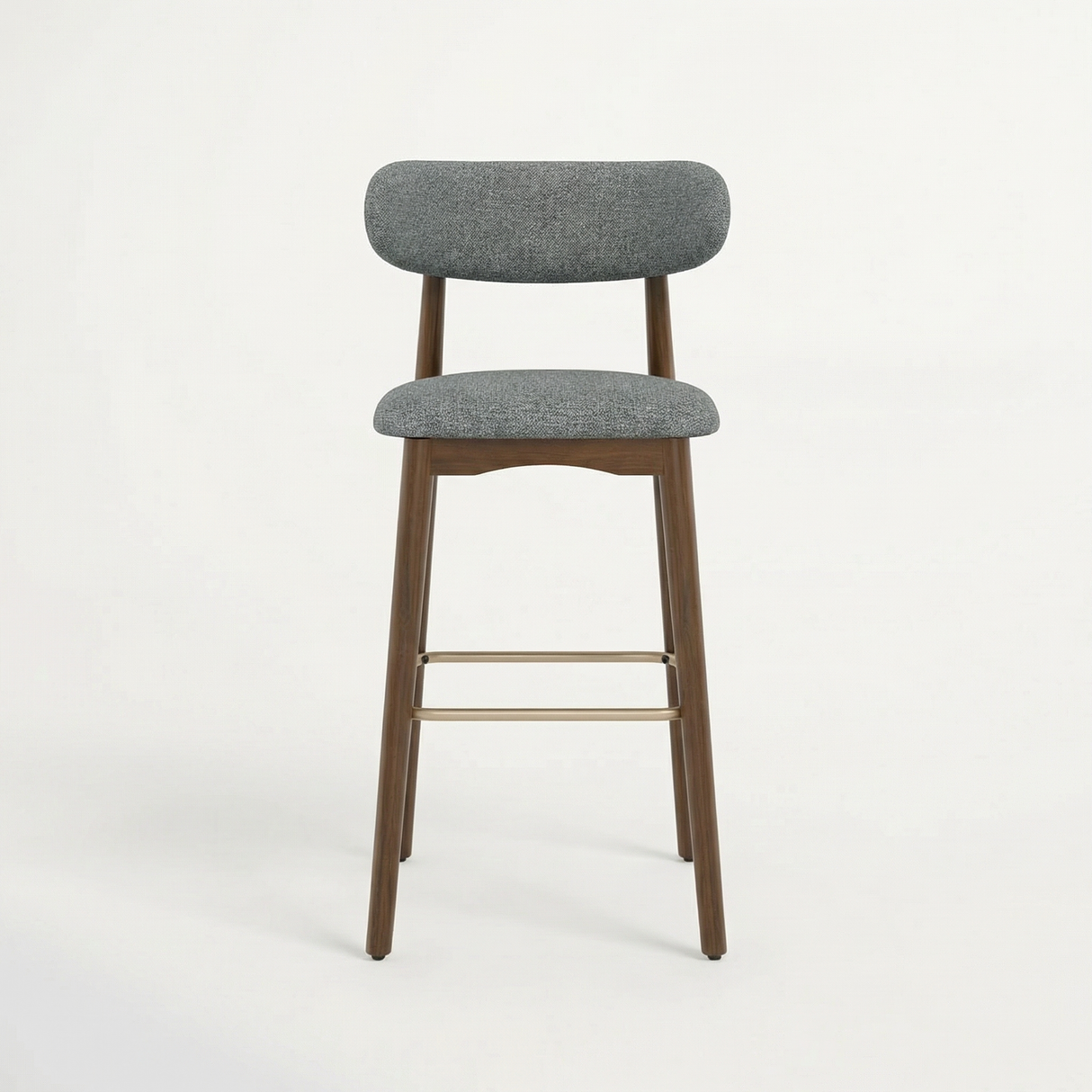 Norden Bar Stool with gray upholstered seat and back, dark wood frame, and brass footrest.