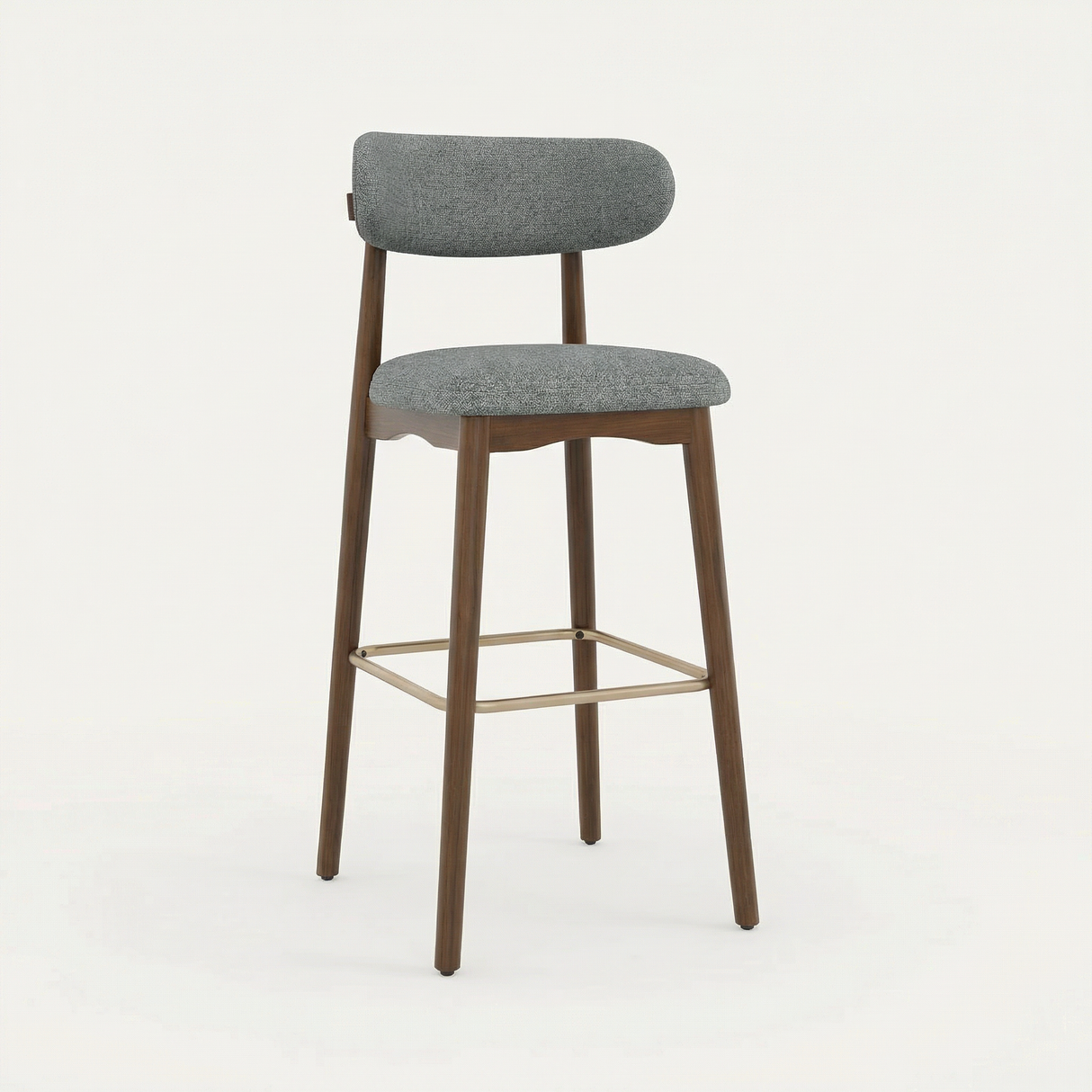 Norden Bar Stool, Slate Counter Stool with gray upholstered seat and back, dark wood frame, and brass footrest.