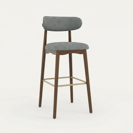 Norden Bar Stool, Slate Counter Stool with gray upholstered seat and back, dark wood frame, and brass footrest.
