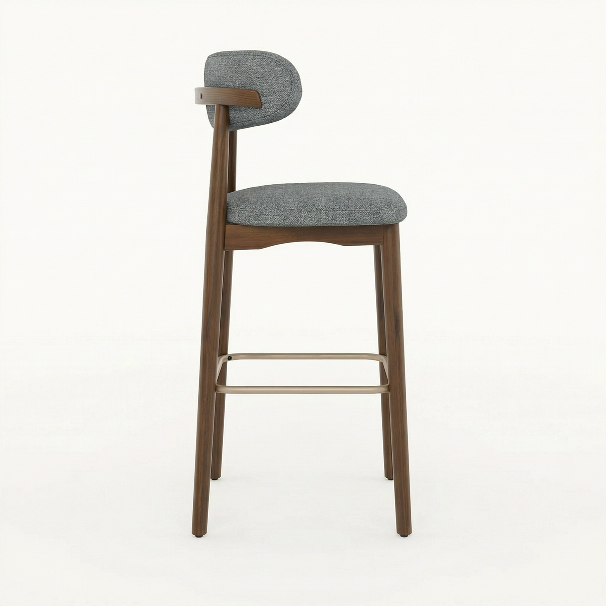 Norden Bar Stool with dark wood frame, gray upholstered seat and back, and a brass footrest.