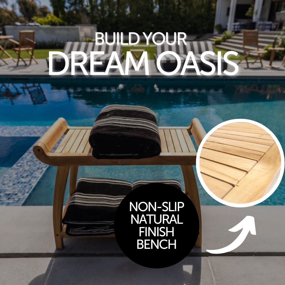 Norwegian Natural Teak Shower and Bath Curved Spa Bench with Shelf-Parc Decor