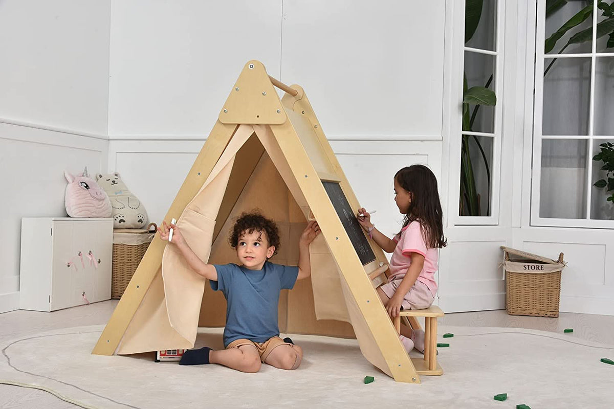 Oak Montessori Play Tent & Climber | Wooden Activity House with Rock Wall, Chalkboard, Desk & Stool