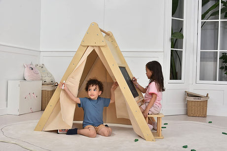 Oak Montessori Play Tent & Climber | Wooden Activity House with Rock Wall, Chalkboard, Desk & Stool
