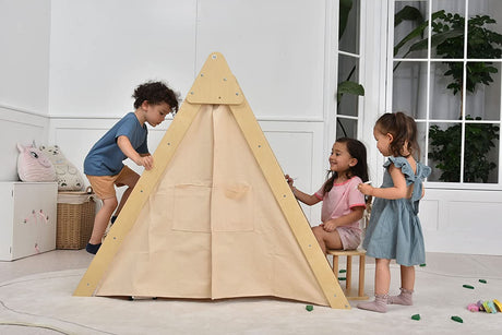 Oak Montessori Play Tent & Climber | Wooden Activity House with Rock Wall, Chalkboard, Desk & Stool