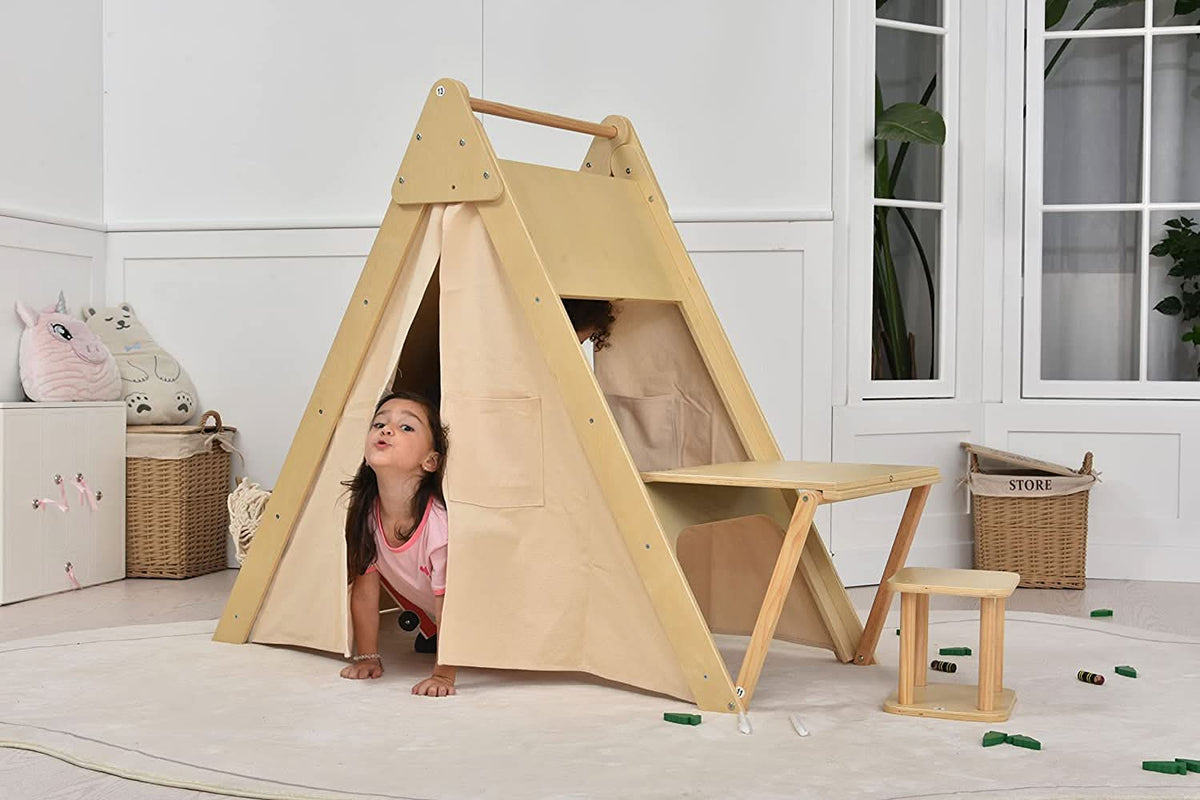 Oak Montessori Play Tent & Climber | Wooden Activity House with Rock Wall, Chalkboard, Desk & Stool
