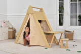 Oak Montessori Play Tent & Climber | Wooden Activity House with Rock Wall, Chalkboard, Desk & Stool