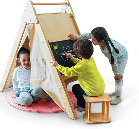 Oak Montessori Play Tent & Climber | Wooden Activity House with Rock Wall, Chalkboard, Desk & Stool