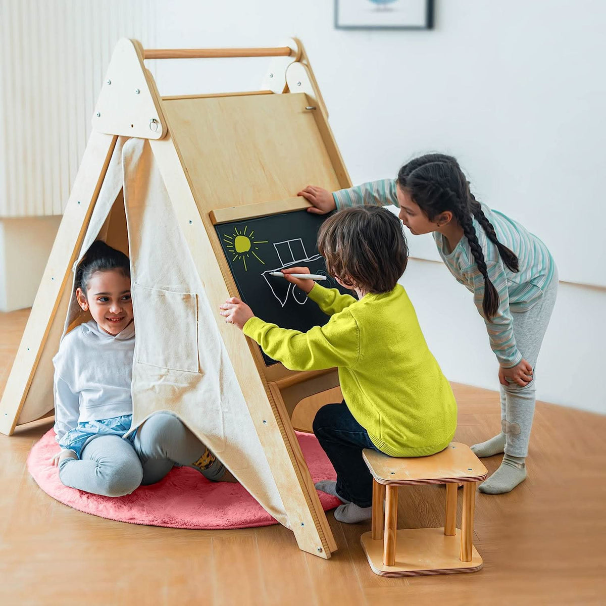 Oak Montessori Play Tent & Climber | Wooden Activity House with Rock Wall, Chalkboard, Desk & Stool