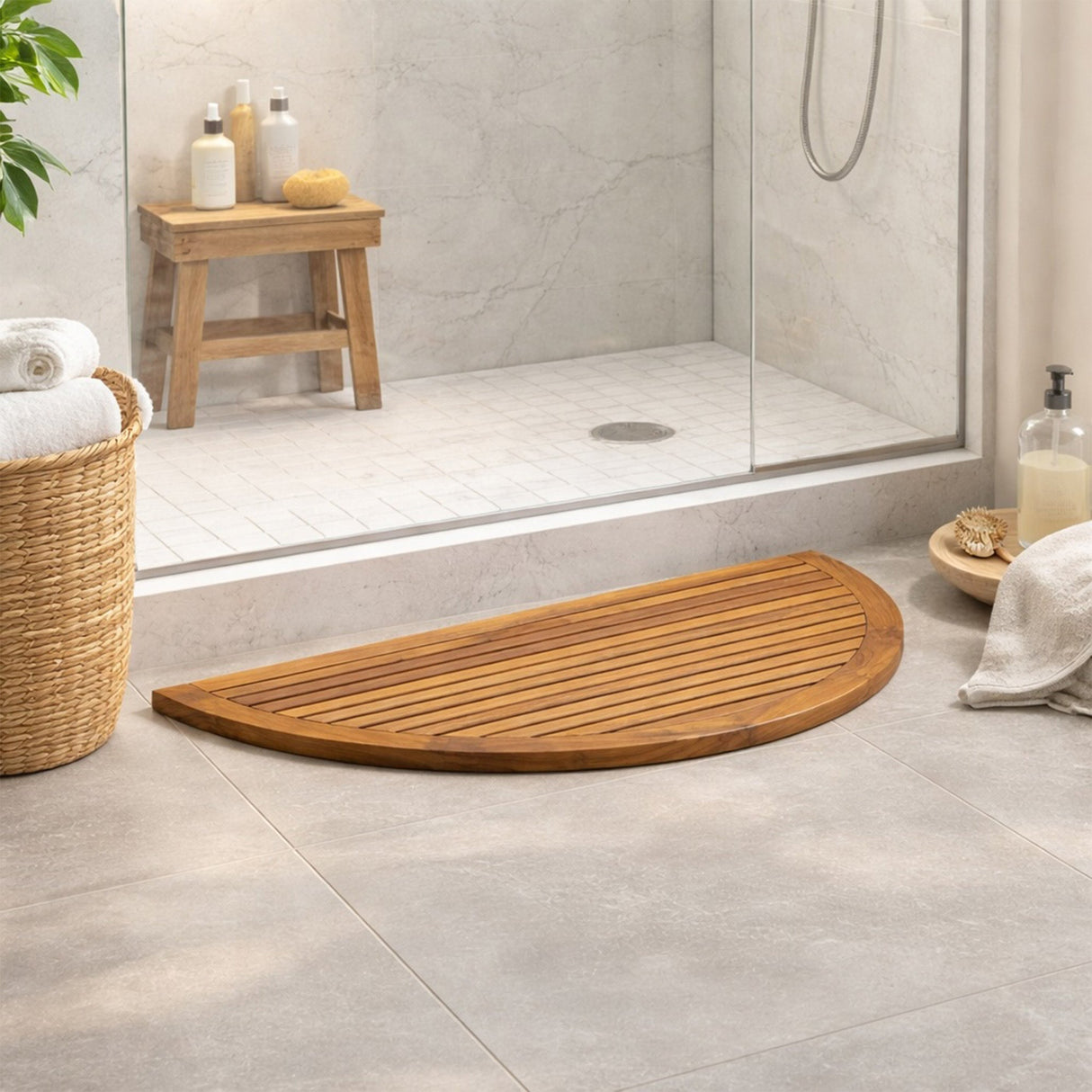 Oiled Half Moon Teak Shower and Bath Mat 39" x 20"