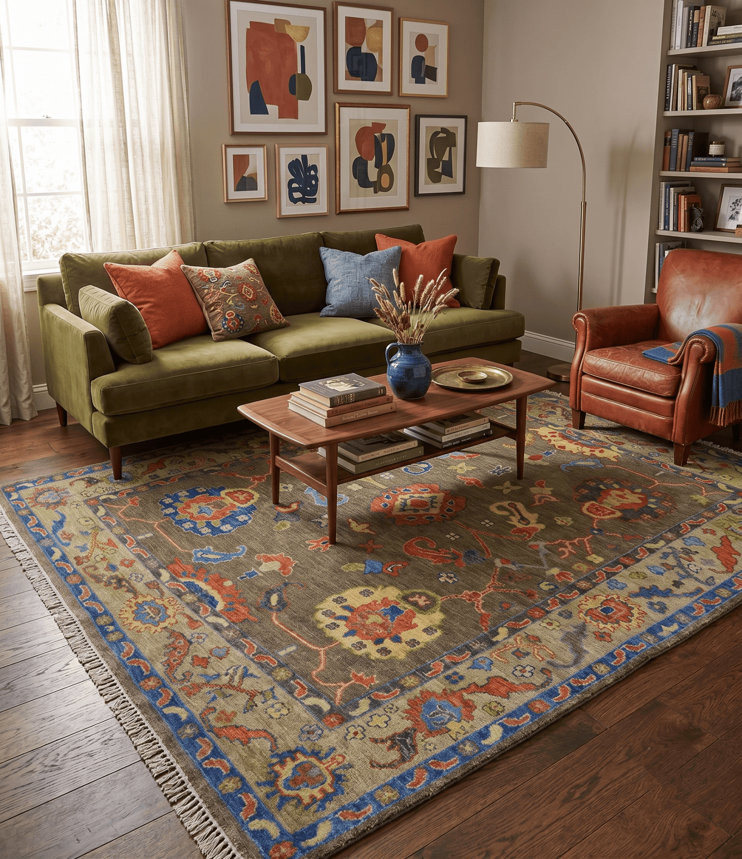 Olive and Blue Vibrant Colorful Traditional Oushak Multi Size wool Area Rug