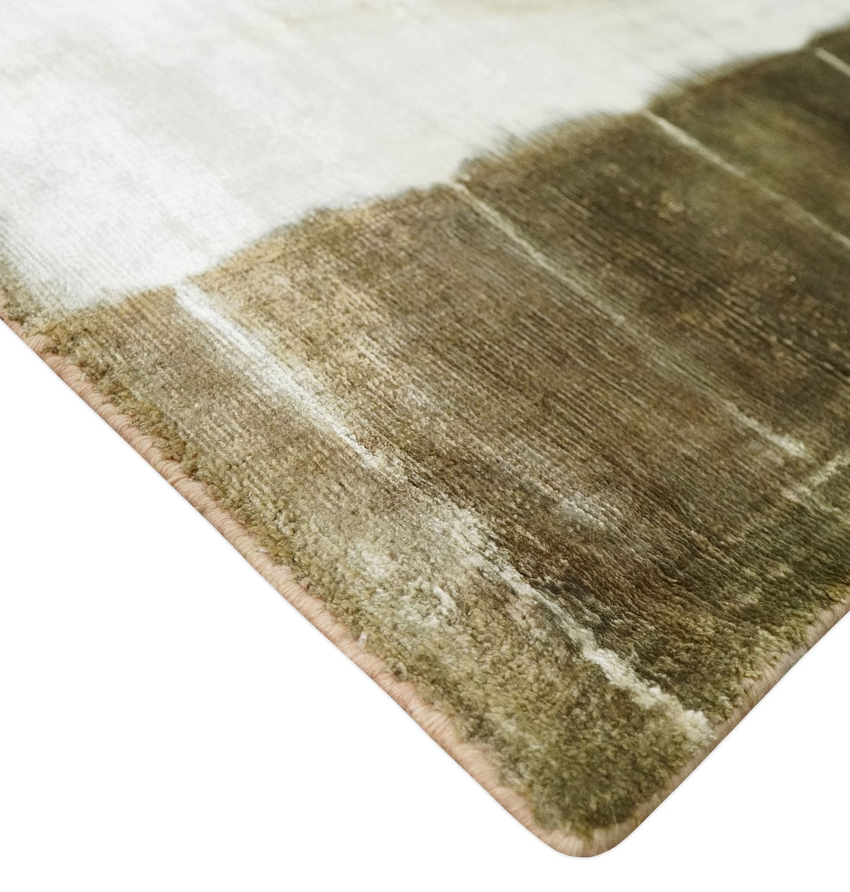Olive and ivory 6x9 Modern Abstract Hand Woven Art Silk Rug | KNT1