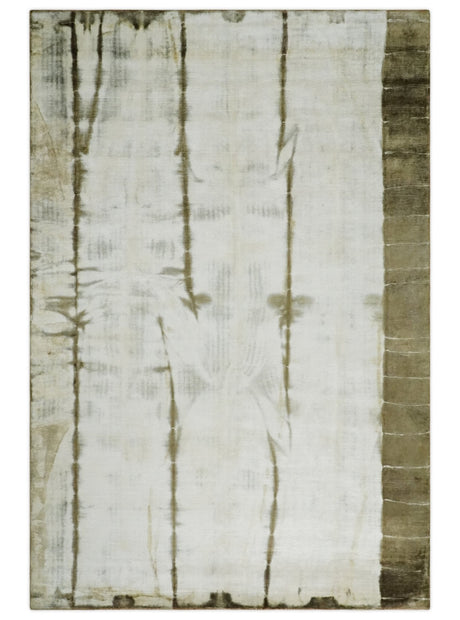 Olive and ivory 6x9 Modern Abstract Hand Woven Art Silk Rug | KNT1