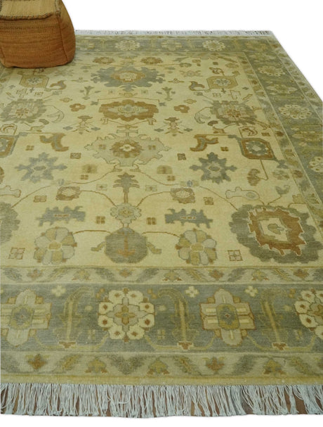 Olive, Beige and Gray Hand Knotted Traditional Oushak 8x10 wool Area Rug