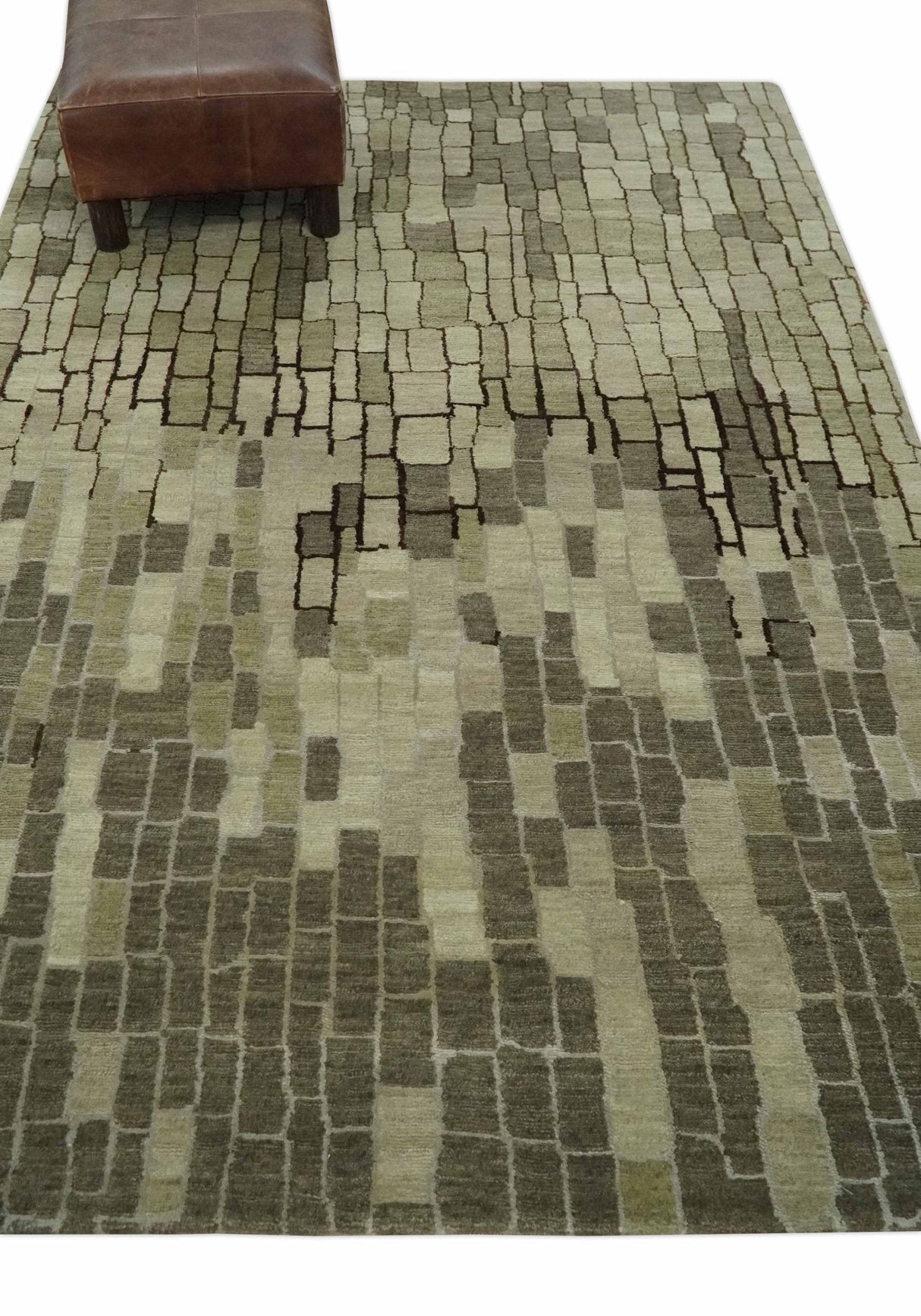 Olive, Beige, Charcoal and Ivory Modern Geometrical Brick Design 4.6x6.6 wool and Art Silk Area Rug-Area Rug-Parc Decor