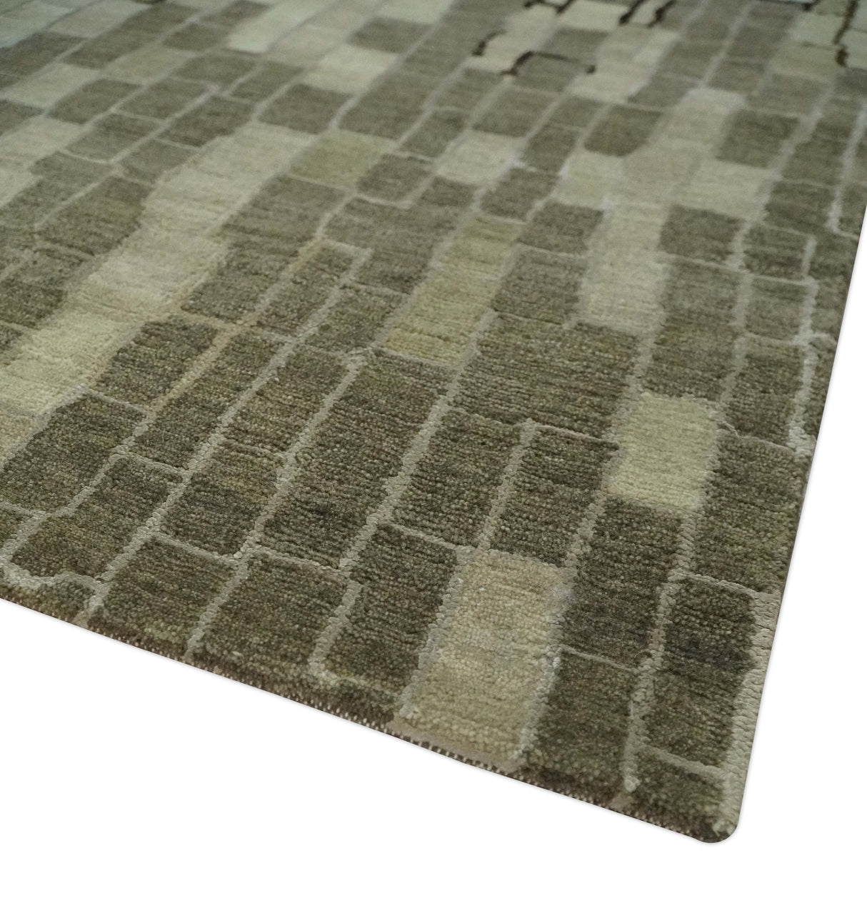 Olive, Beige, Charcoal and Ivory Modern Geometrical Brick Design 4.6x6.6 wool and Art Silk Area Rug-Area Rug-Parc Decor