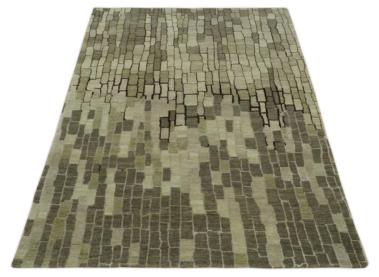 Olive, Beige, Charcoal and Ivory Modern Geometrical Brick Design 4.6x6.6 wool and Art Silk Area Rug-Area Rug-Parc Decor