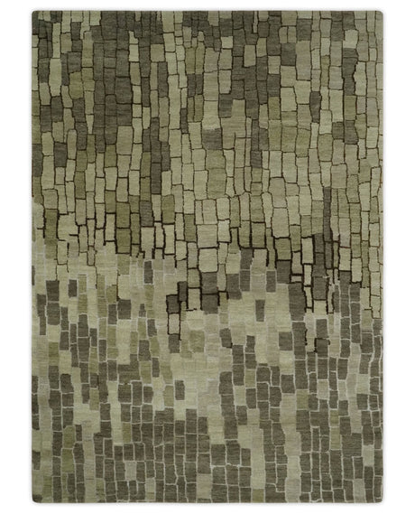 Olive, Beige, Charcoal and Ivory Modern Geometrical Brick Design 4.6x6.6 wool and Art Silk Area Rug-Area Rug-Parc Decor