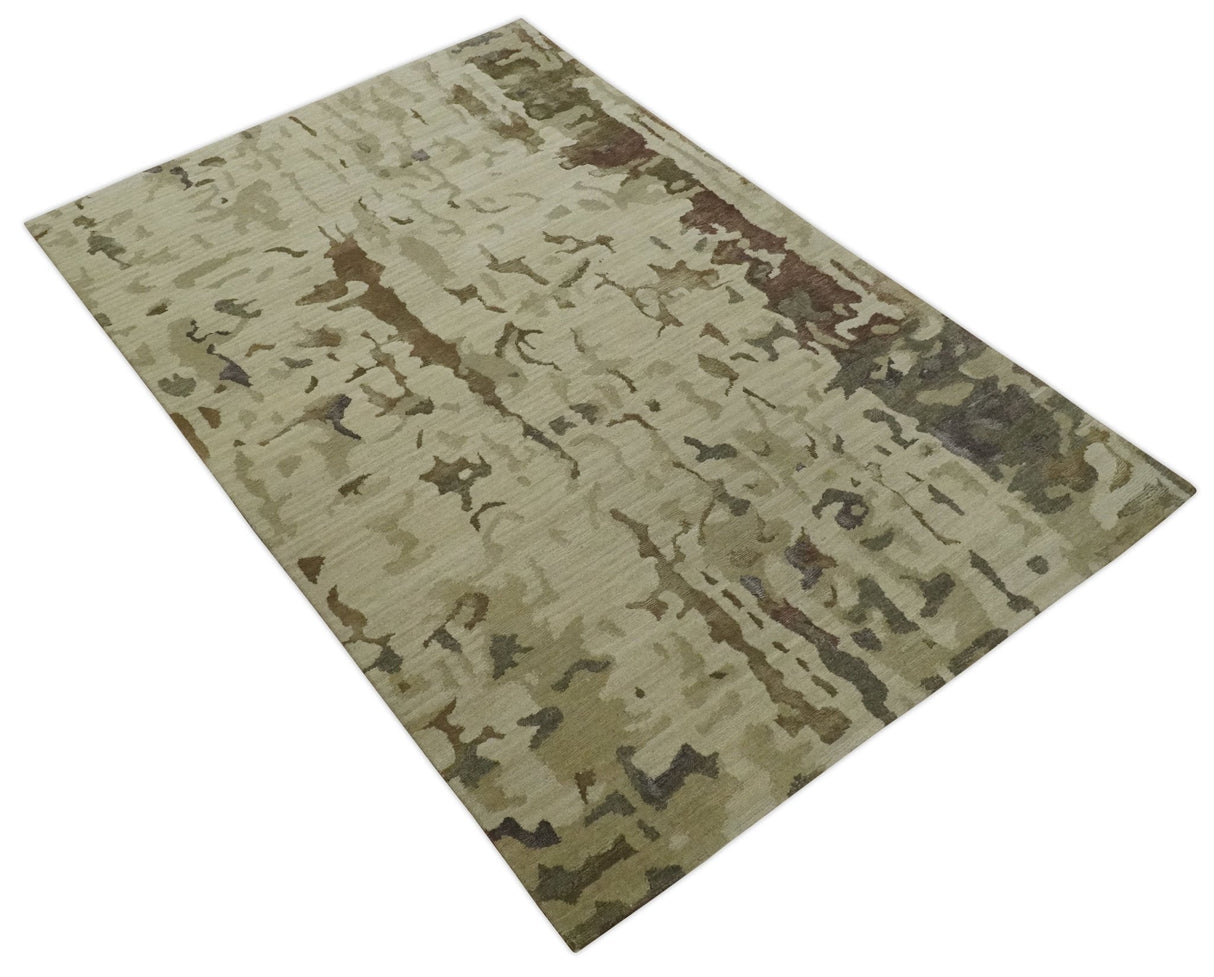 Olive, Brown and Charcoal Hand knotted 4x6 Abstract Wool and Art Silk Area Rug-Area Rug-Parc Decor