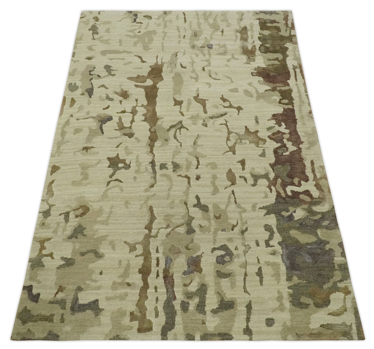 Olive, Brown and Charcoal Hand knotted 4x6 Abstract Wool and Art Silk Area Rug-Area Rug-Parc Decor