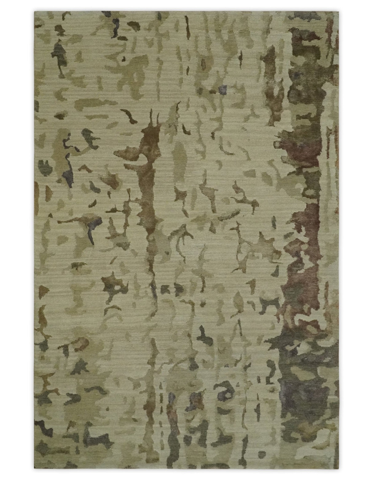 Olive, Brown and Charcoal Hand knotted 4x6 Abstract Wool and Art Silk Area Rug-Area Rug-Parc Decor