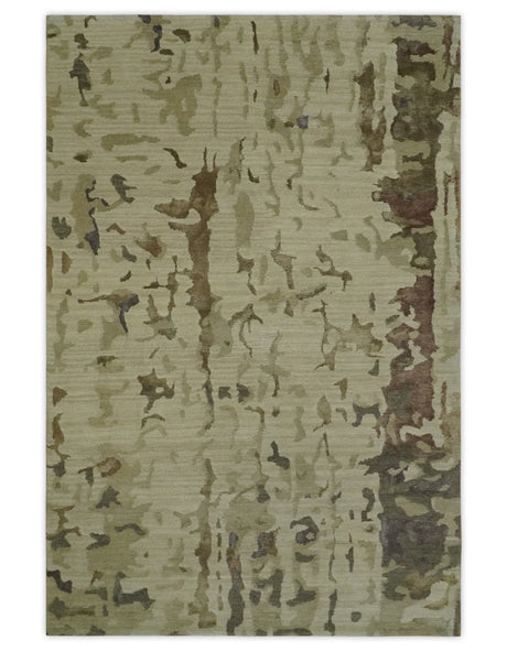 Olive, Brown and Charcoal Hand knotted 4x6 Abstract Wool and Art Silk Area Rug-Area Rug-Parc Decor
