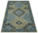 Olive, Charcoal and Blue Hand Knotted Traditional Mamluk Design 5x8 wool area Rug
