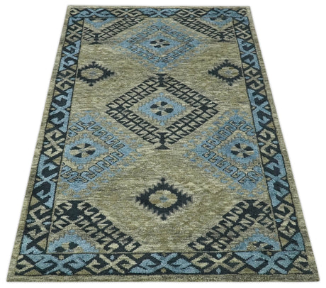 Olive, Charcoal and Blue Hand Knotted Traditional Mamluk Design 5x8 wool area Rug