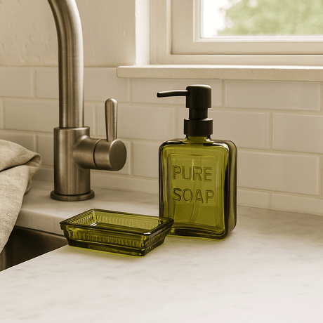 Olive Green Glass Soap Dish – Rectangular with Patterned Rim