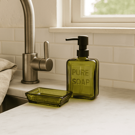 Olive Green Glass Soap Dish – Rectangular with Patterned Rim-Bath Accessories-Parc Decor