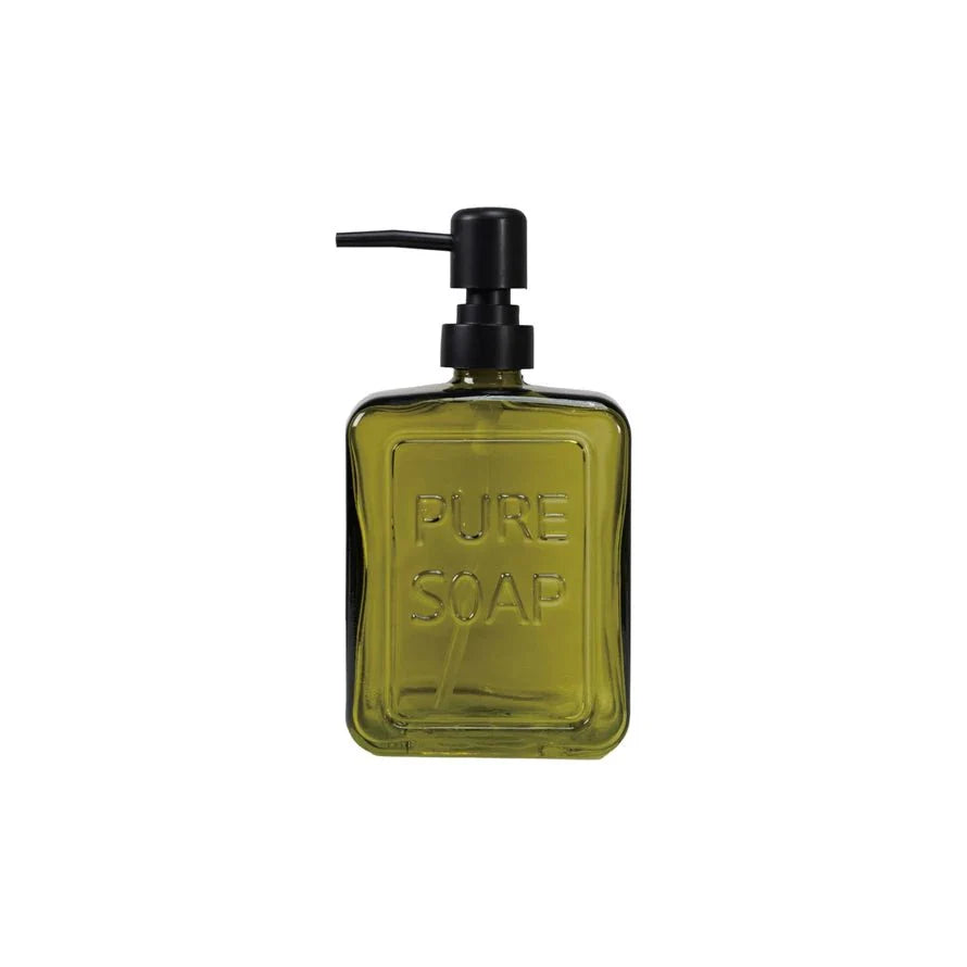 Olive Green Glass Soap Dispenser – “Pure Soap” Design-Bath Accessories-Parc Decor