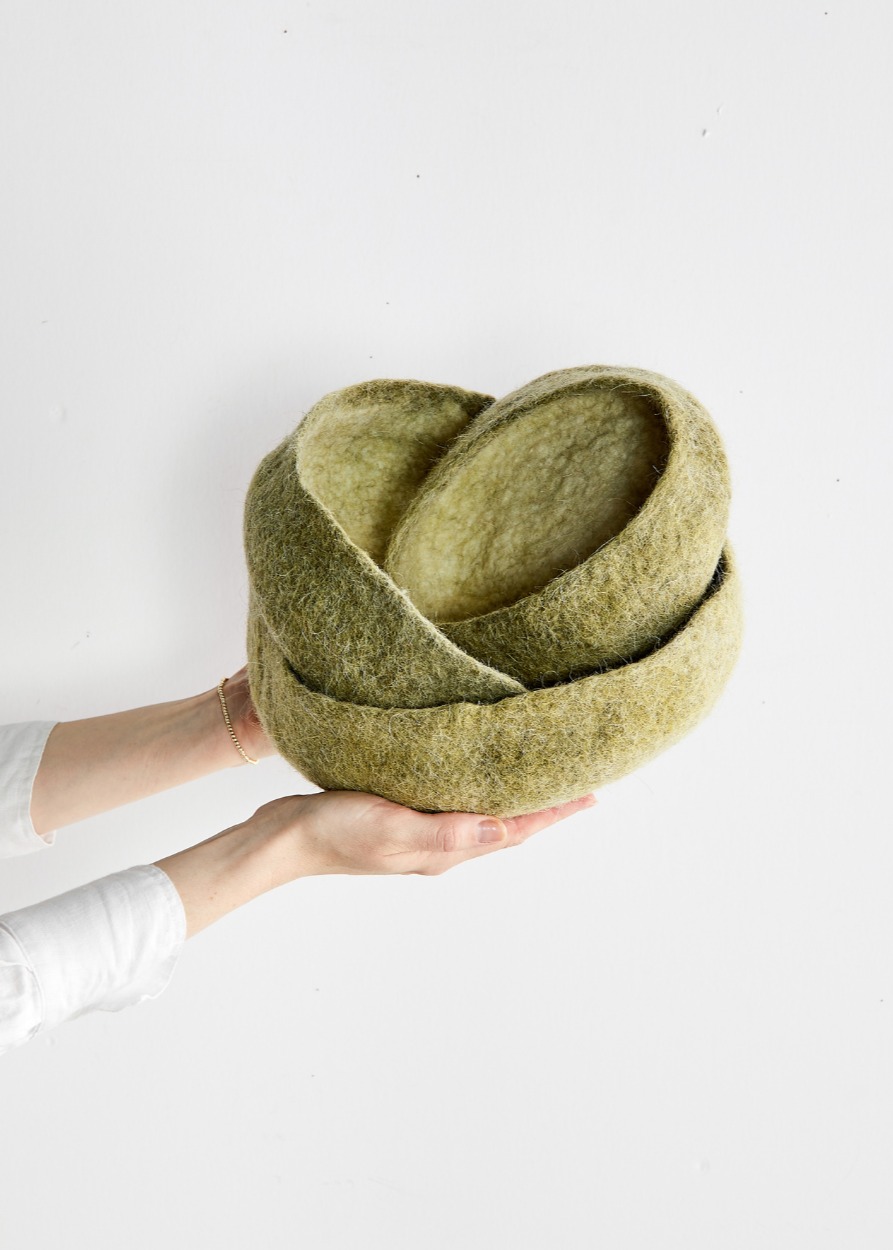 Olive Green Hand-Felted Wool Nesting Bowls-Decorative Bowl-Parc Decor