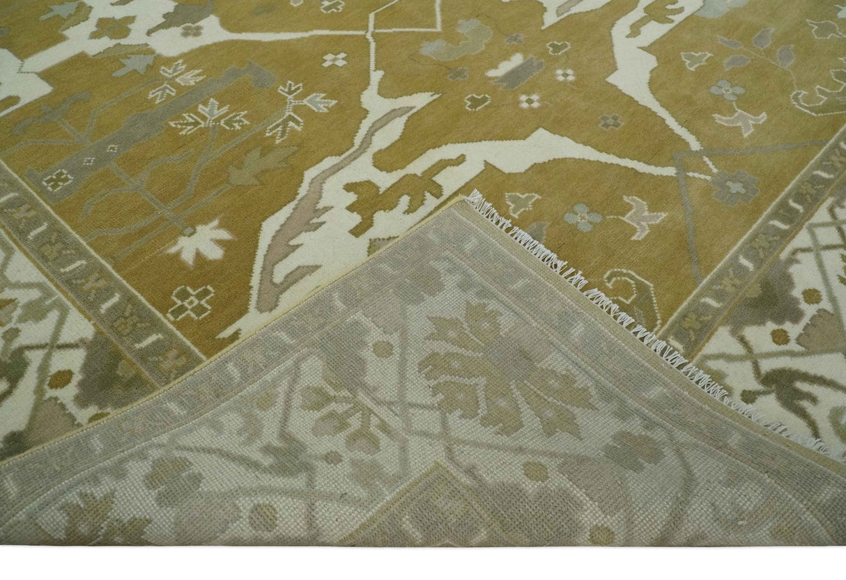 Olive, Ivory and Gray Hand knotted Oushak Custom Made Wool Rug