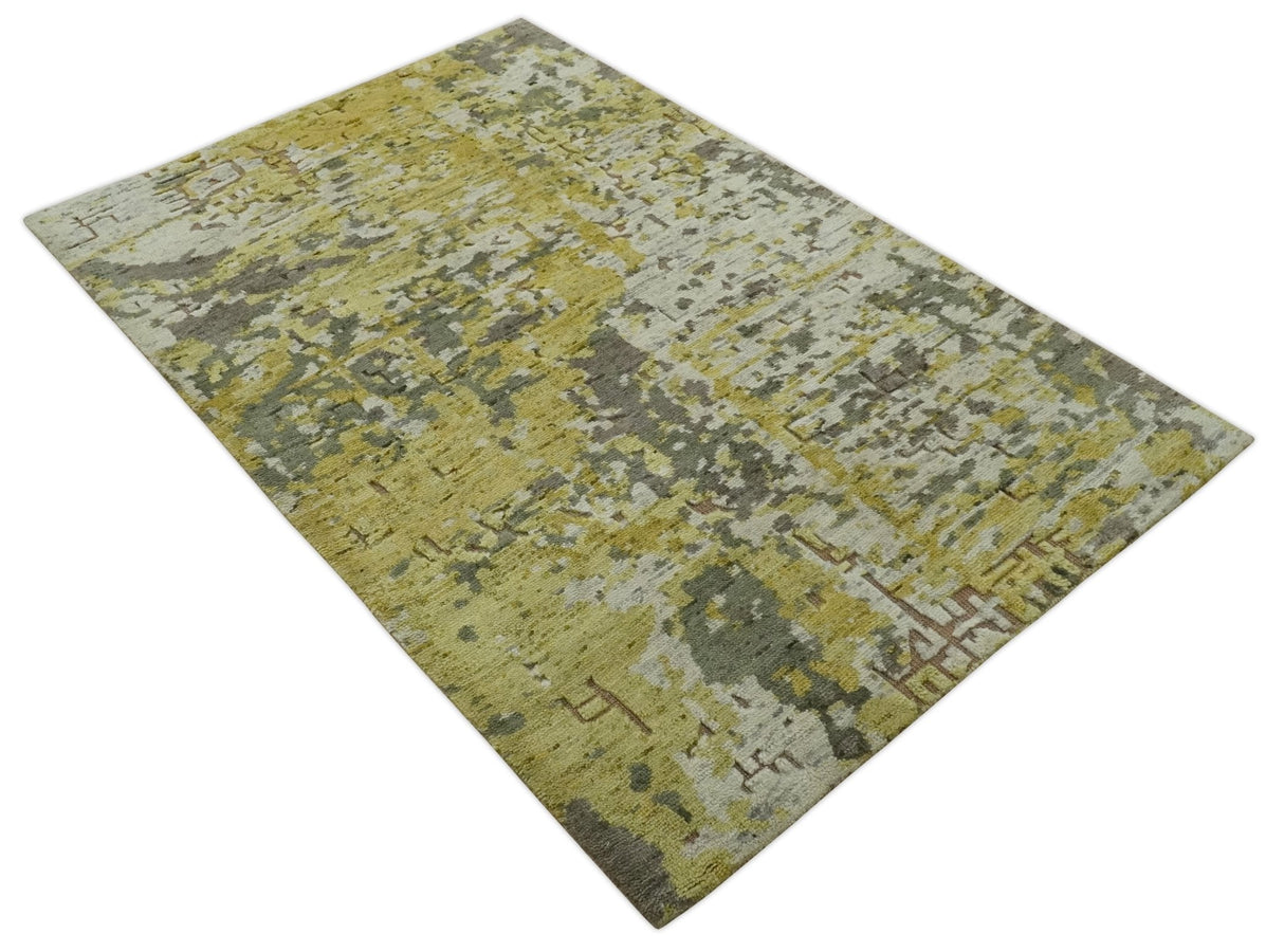Olive, Ivory and Gray Modern abstract Hand Knotted 5x8 wool Area Rug