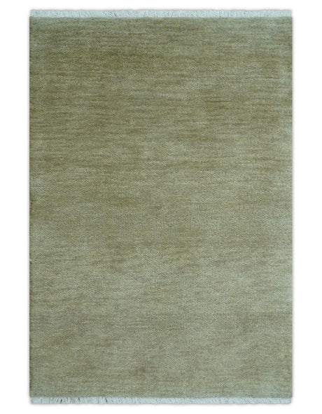 Olive Modern Solid Design Hand Knotted Wool Rug