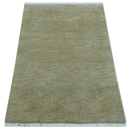 Olive Modern Solid Design Hand Knotted Wool Rug