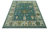 Ollie Custom Made Teal, Ivory and Olive Hand Knotted Oushak Wool Rug
